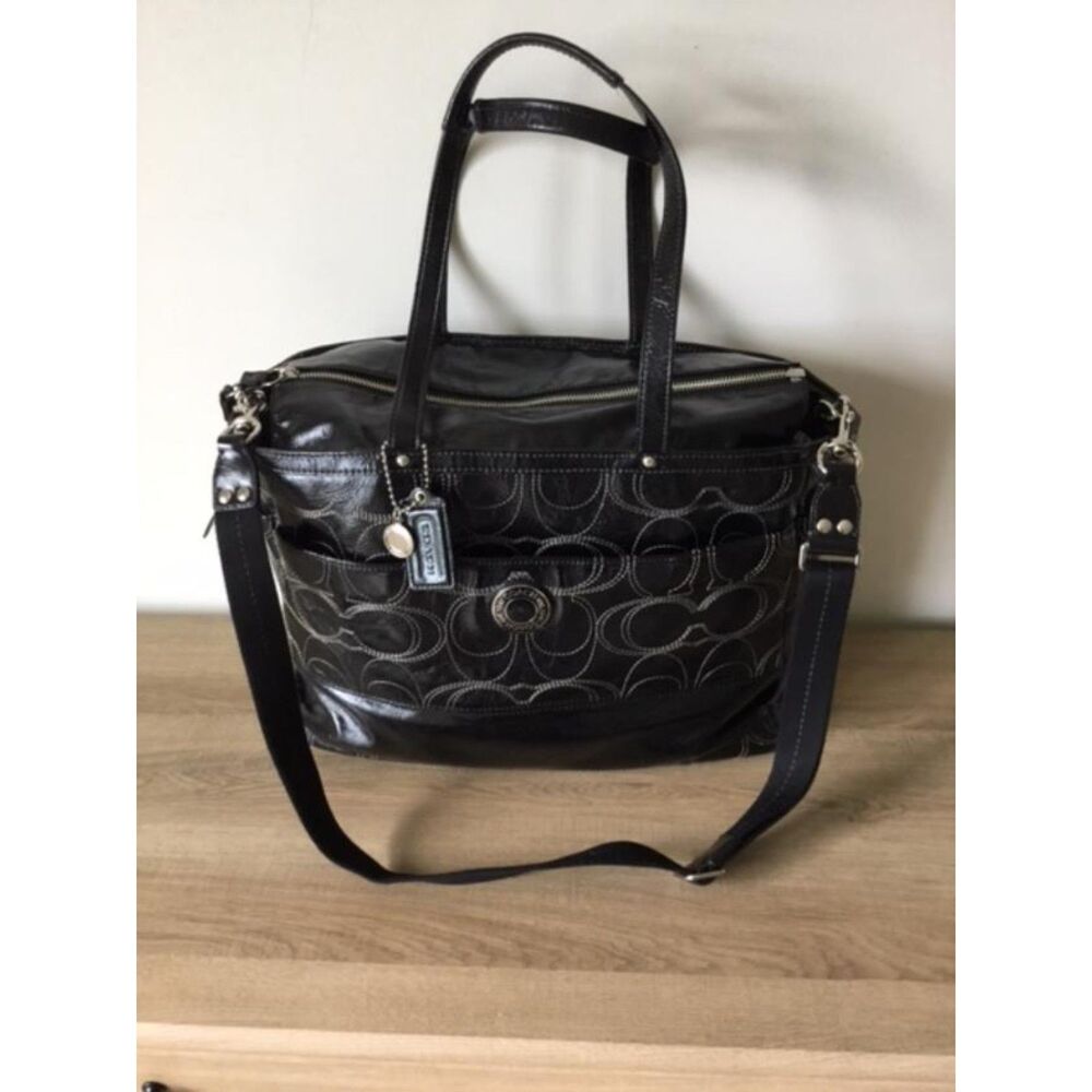 Coach XL Black Signature "C" Glossy Patent Leather Tote Crossbody Diaper Bag
